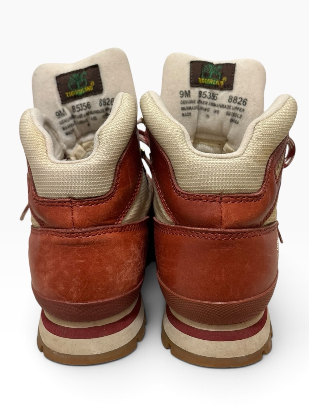 Vintage Timberland Red Leather Canvas Hiking Boots Gold Hardware Sz 9M - Picture 5 of 6